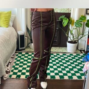 Brown Faux Leather Pants with Green Stitching